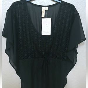 🏝️Cover Up Miken Black Caviar Fluttered Crochet-Front Chiffon Swim